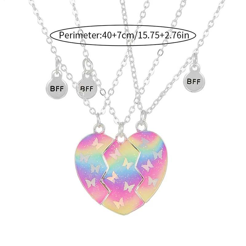 Qpeach 3Pack Heart Flower Butterfly Star Glitter Pendant Best Friend Girls BFF Necklace of 3 for Kids Friendship Jewelry Gifts