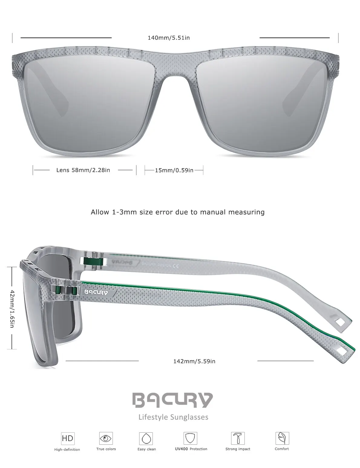 BACURY Original Design Polarized Sunglasses for Men High Quality TR90 Sports Utra Light Sun Glasses for Women Eyewear Accessory