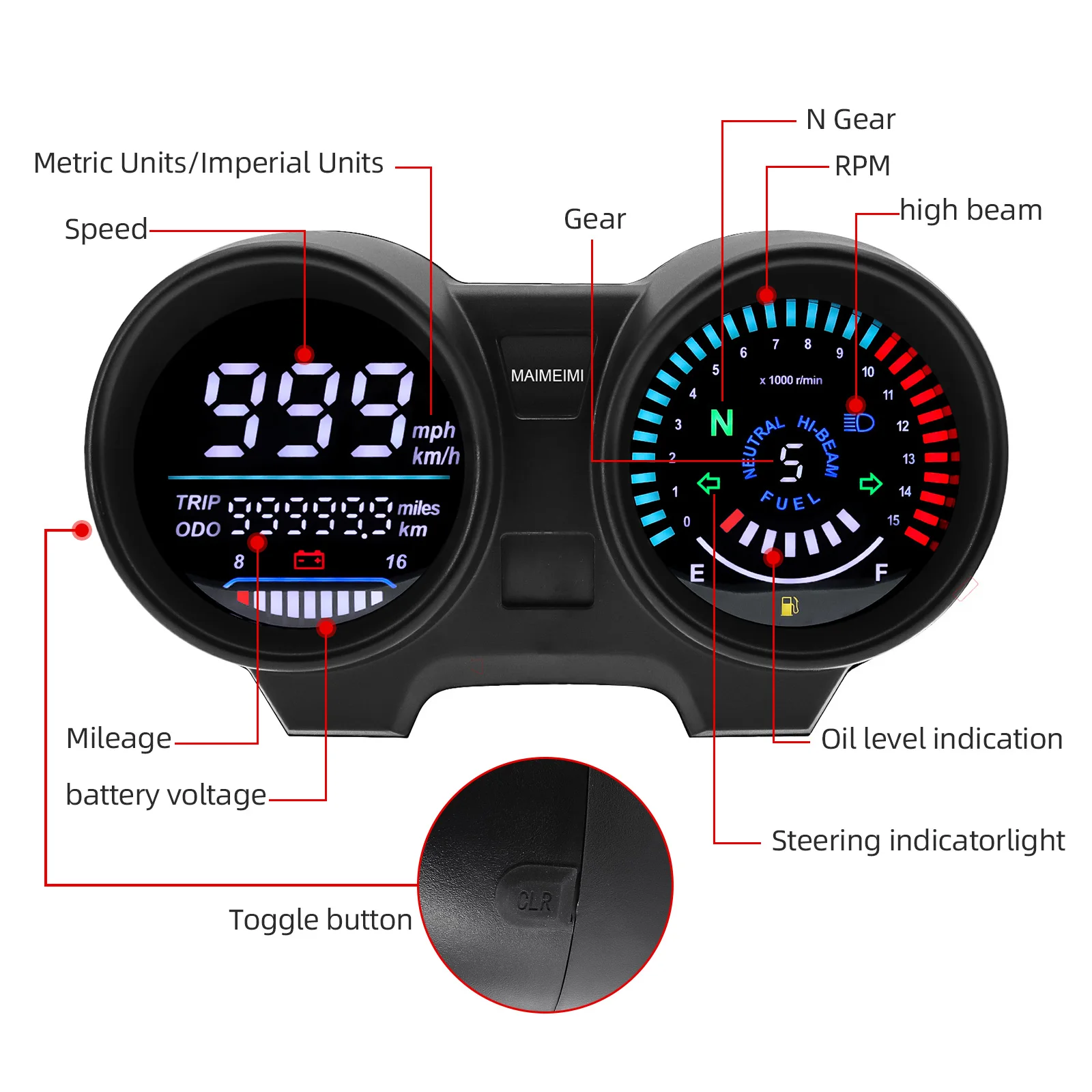 Motorcycle Dashboard Digital Tachometer Waterproof Red Fuel Gauge Turn Signal Lights for Brazil Digital Panel Titan 150