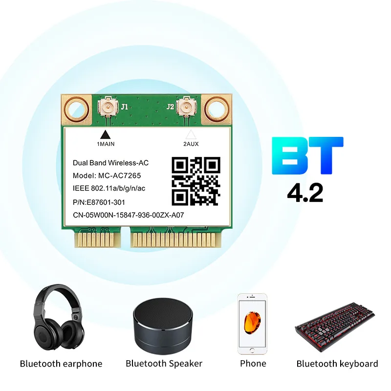 Wifi Network Card 1200Mbps Bluetooth 4.2 Mini PCI-E MC-AC7265 Wifi 5 802.11ac 2.4G 5Ghz With Cable Fast Network Card MPE-3165AC