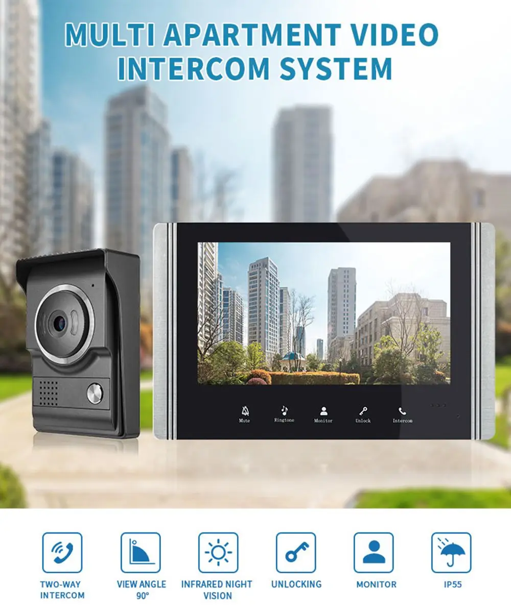 Video Intercom System 7 Inch Monitor Wired Video Door Phone Doorbell Kits Indoor Outdoor IR Camera for Villa House Apartment