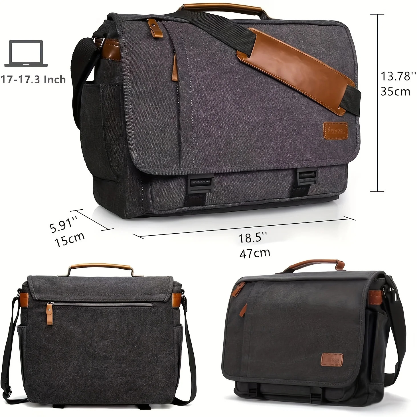 Crazy Horse Leather Mens Crossbody Briefcase Canvas Splashproof Workwear Messenger Bag Computer Tote 241029