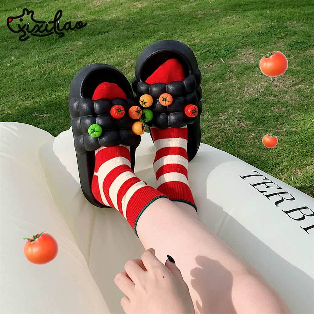 Ladies Fun cute little Tomato slipper beach slide Men's thick soled indoor bathroom non-slip summer sandals