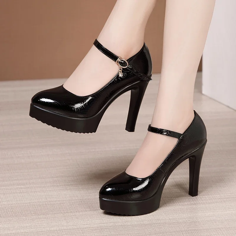 Small Size 32-43 Bright Leather Shoes Women's Platform Pumps 2024 Fall Shallow Block High Heels Wedding Shoes Silver Model Work