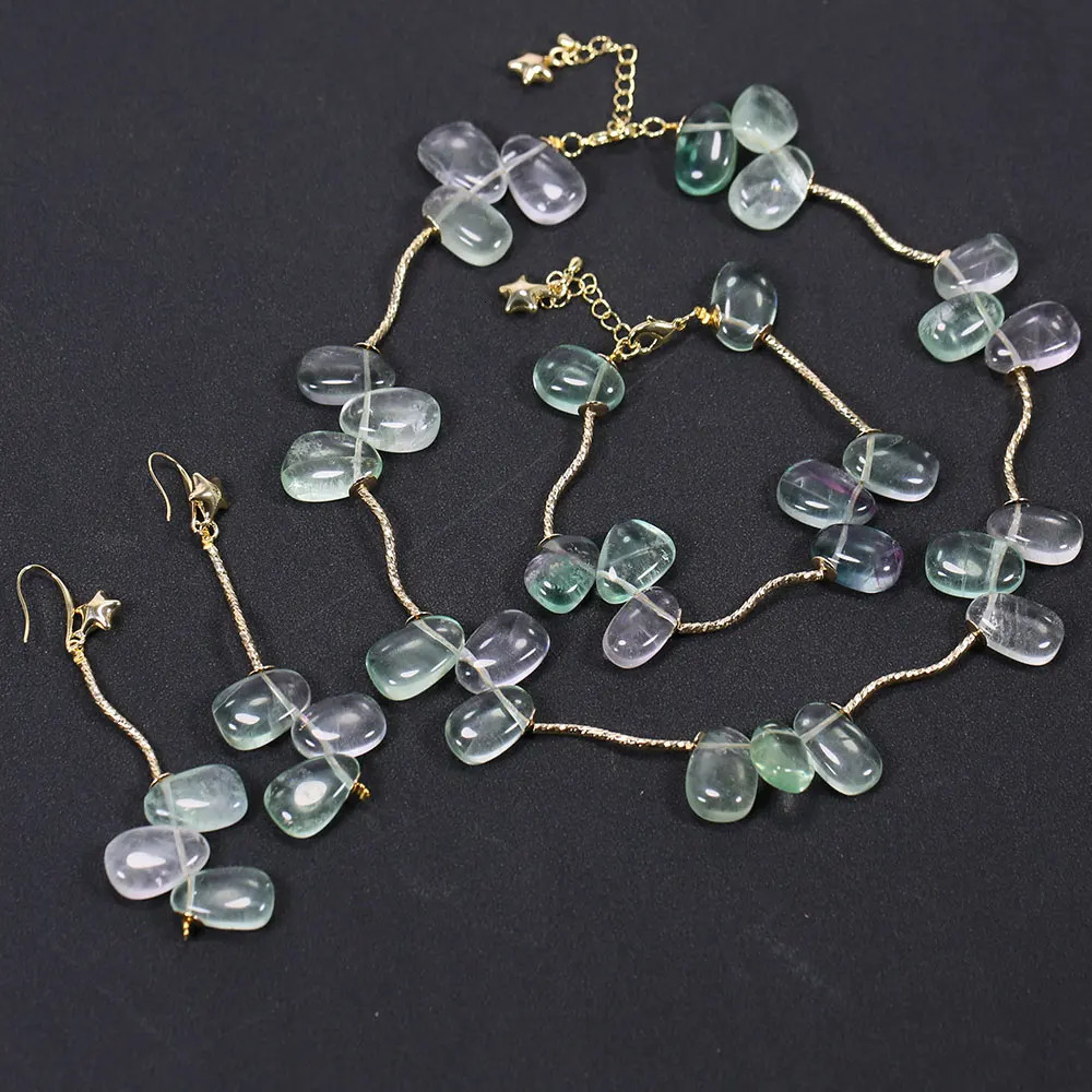 GG Jewelry Natural Purple Green Fluorescent Free Shape Chain Station Necklace Bracelet Earring Set Handmade Simple Womens Gift 241031