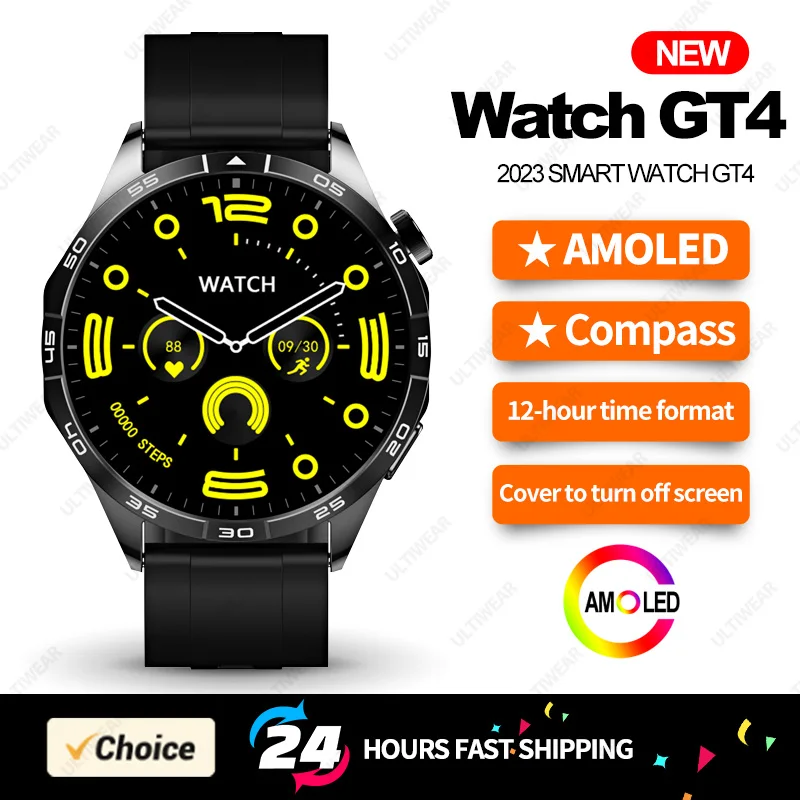 GT4 Smart Watch Men Women AMOLED NFC Compass Smartwatch Heart Rate Monitor Bluetooth Calls Sport Watch GT4 46mm for Android IOS