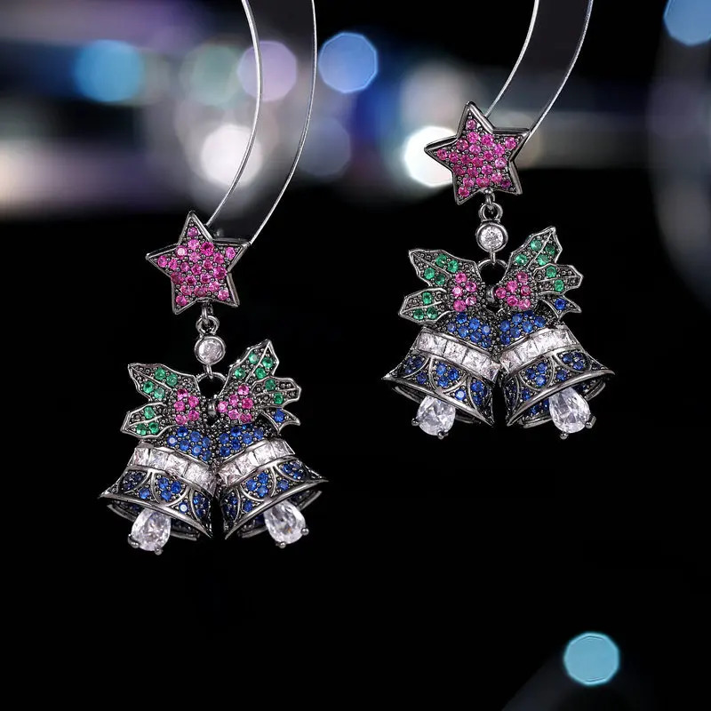Sparkling star bow earrings pendant crystal Christmas bell earrings Year jewelry gifts personalized cubic zirconia pendant earrings 241031