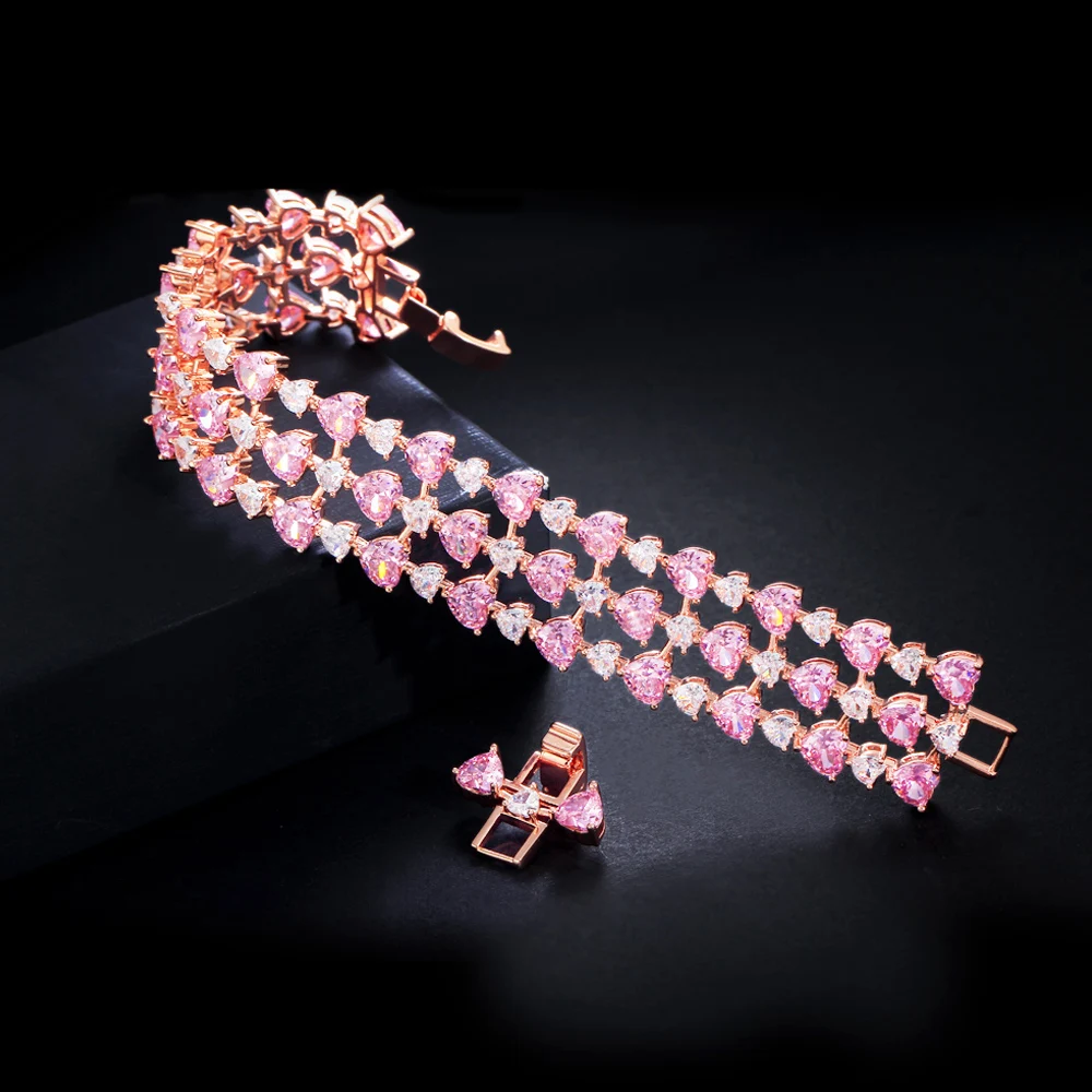 ThreeGraces High Quality Pink Cubic Zirconia Rose Gold Color Love Heart CZ Bridal Wedding Bracelet for Women Prom Jewelry BR307