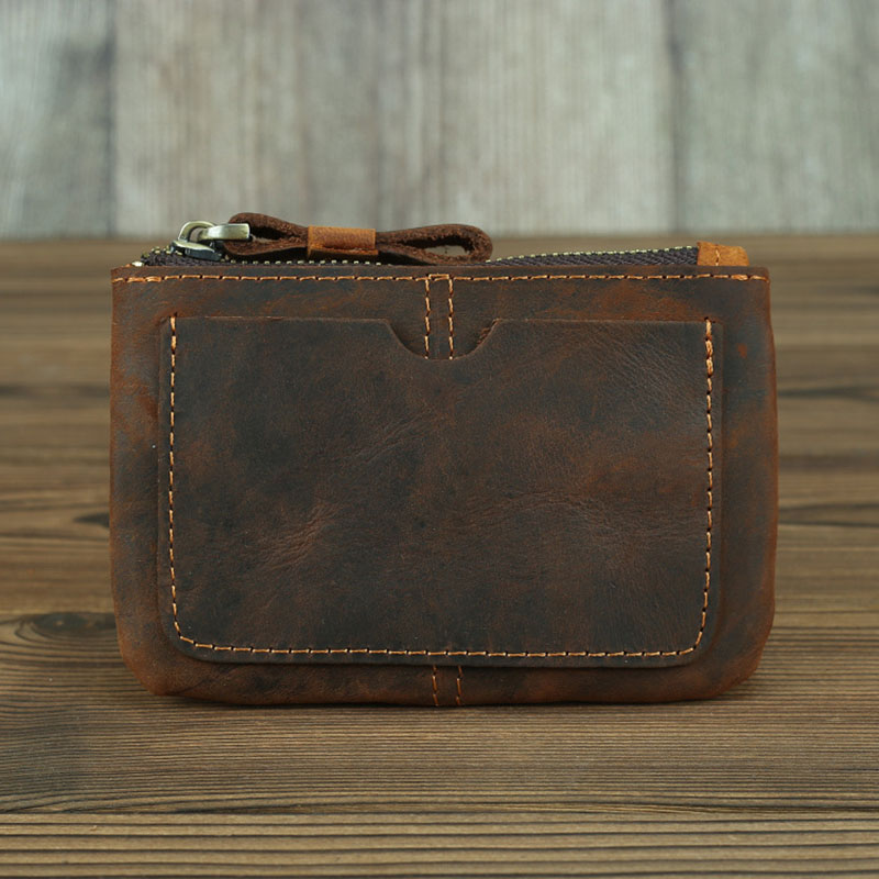 Vintage Crazy Horse Leather Men Coin Purse Retro Key Holder Small Money Bag Clutch Bag Genuine Leather Zipper Coin Wallet
