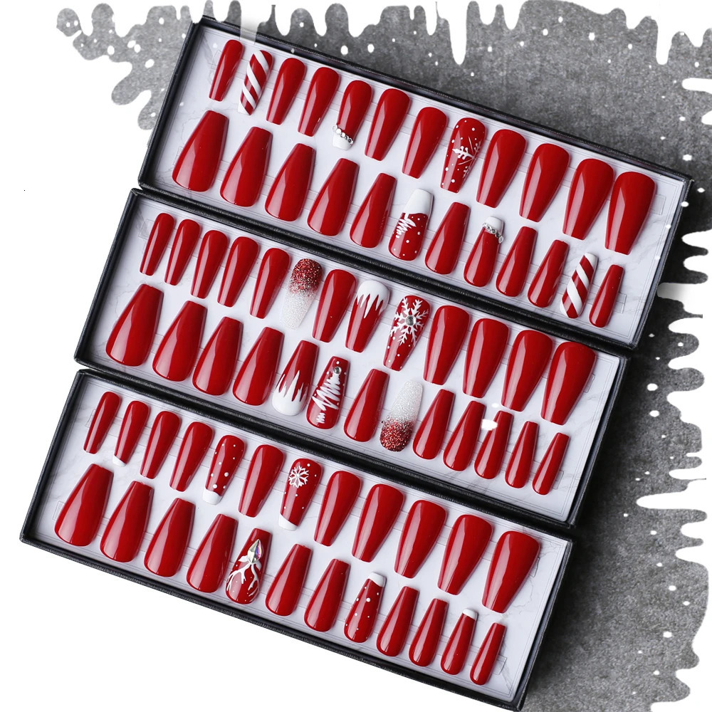 Christmas Candlelight Coffin Fake Nail with Acrylic Crystal Box DIY Style Art Fake Analysis Tips Press Nail Snow Christmas Hat 241031