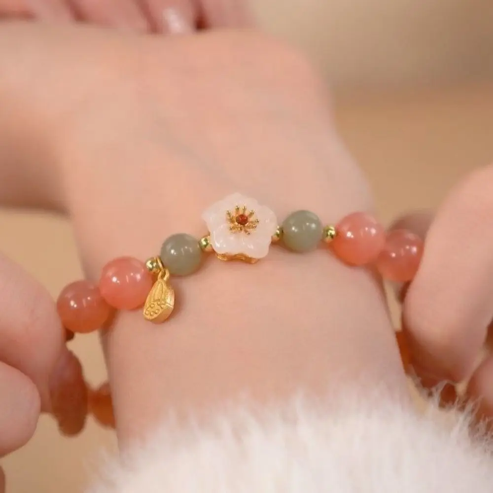 New Chinese Style Jade Bracelet Women's Ancient Style Flower Bead Bracelets Woven Hand Rope Girlfriends Jewelry