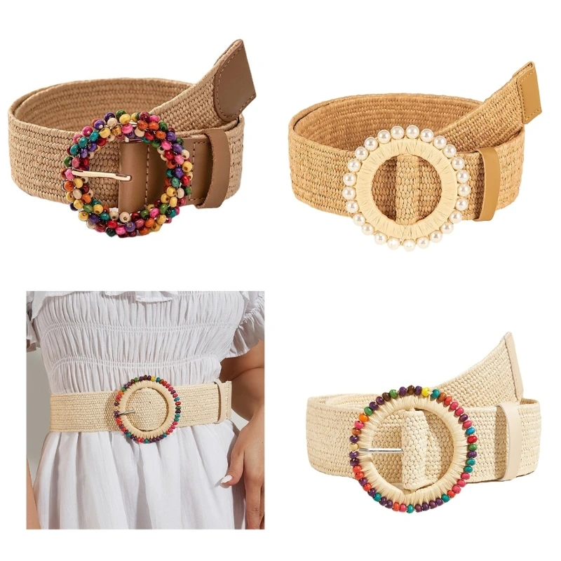 Boho-style Handwoven Belt for Women Vintage Straw Belts Colorful Round Buckle Waist Belt for Female Waist Accessories