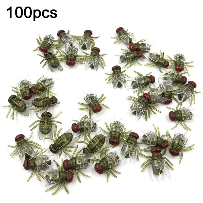 W3JF 100 Pcs Fake Flies Plastic Simulated Insect Fly Bugs Joke Prank Halloween Party