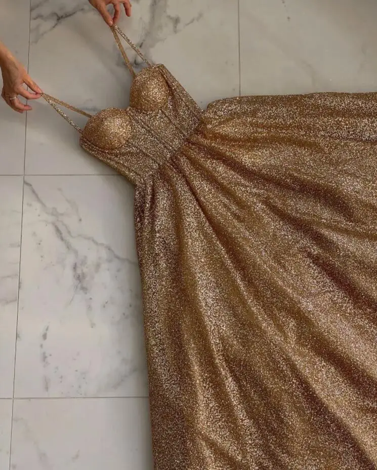 Gold Black Evening Dresses Glitter Tulle Sparkly Bling Long Sweep Train Sweetheart Spaghetti Strap A Line Formal Party Prom Gown