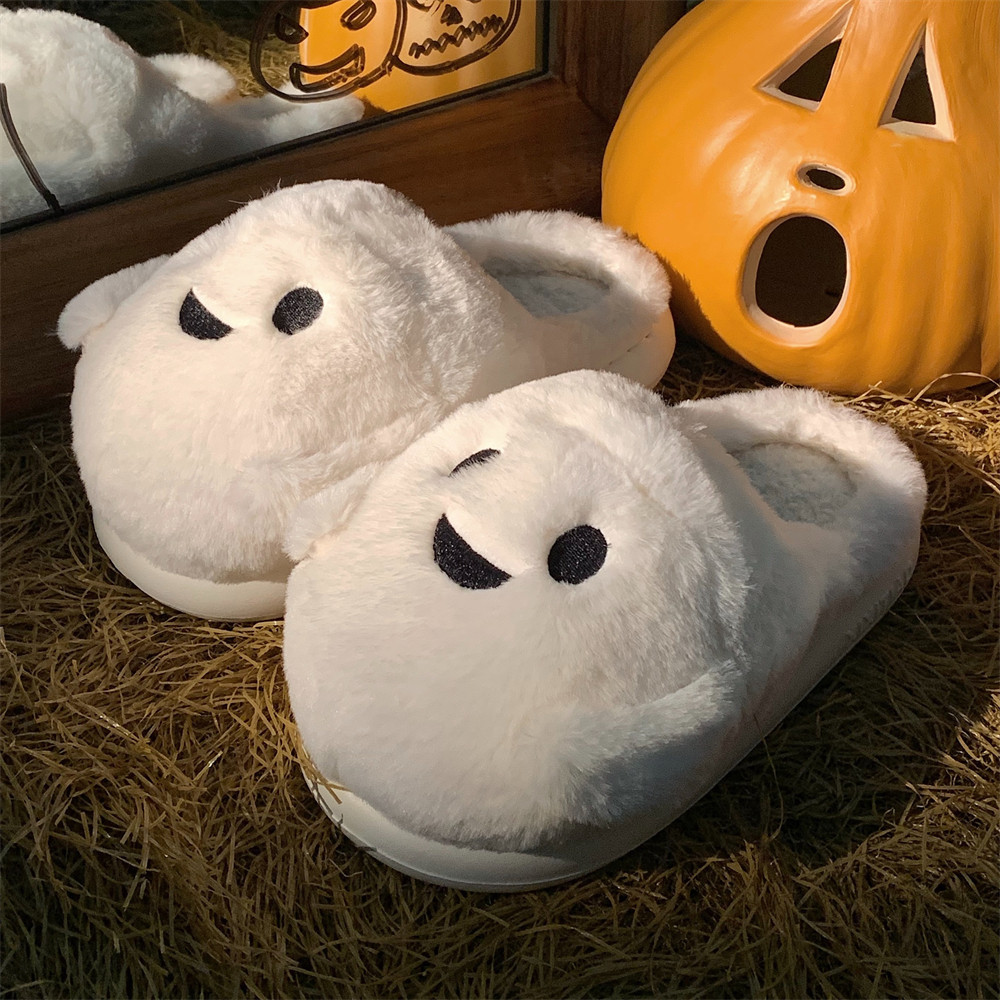 Cute little ghost Winter toe pack Warm cotton slippers Soft sole Slipper ladies indoor floor flat home couple non-slip shoes