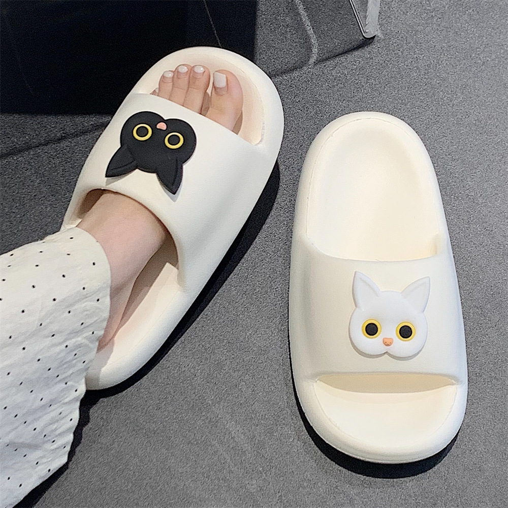 Soft bottom home summer slippers female cartoon slippers three-dimensional soft cute fun black and white kitten indoor street sandals girl slippers