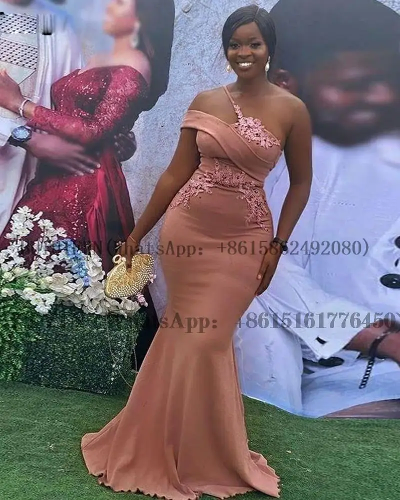 Blush Mermaid Bridesmaid Dresses One Shoulder Sweep Train Appliques Beads Wedding Guest Party Gowns Maid of Honor Gown