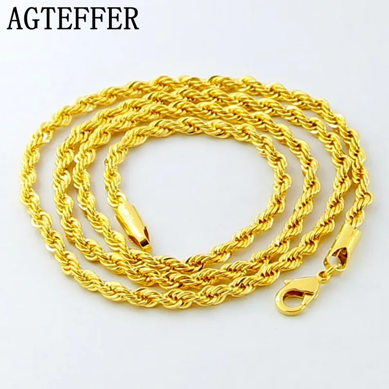 AGTEFFER Hip Hop 24K Gold Necklace 3MM Twisted Rope Twist Electroplating Gold Necklace for Men Women Wedding Jewelry Gifts