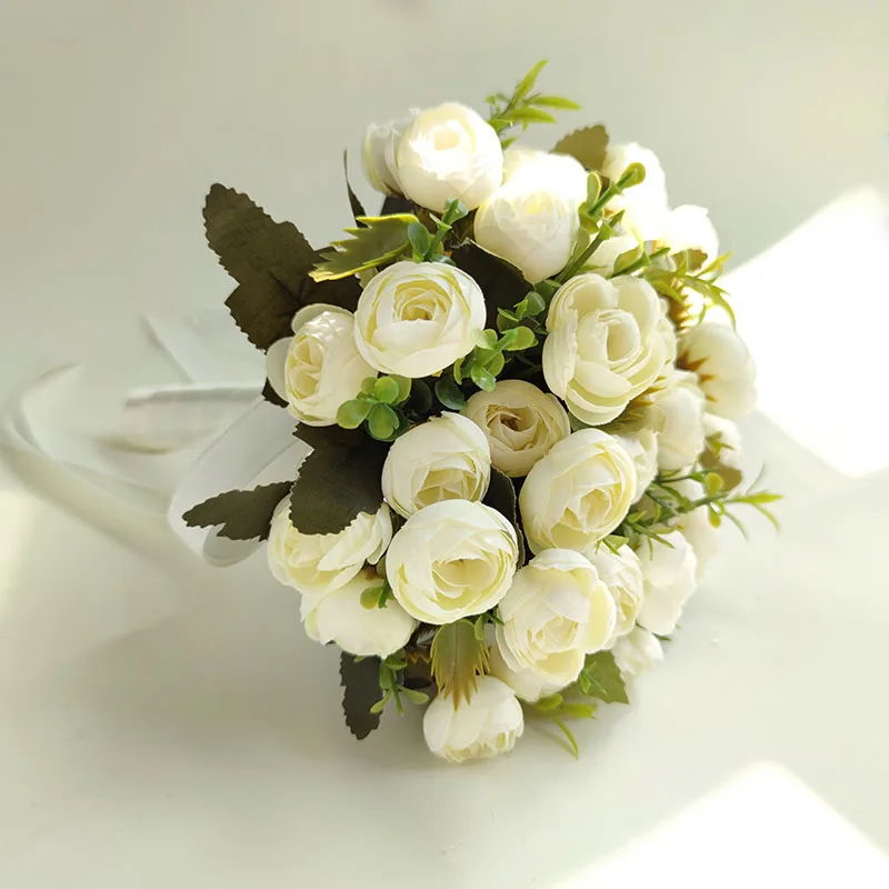 Pink Wedding Flowers for Bridesmaid Bride Bouquet Mariage Accessories Small Silk Roses Artificial Boutonniere Wrist Corsage Pins