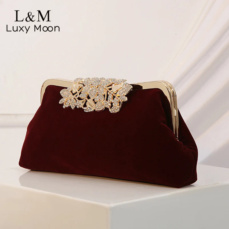 Retro Wine Red Velvet Handbag Womens Velvet Evening Bag Retro Style Bridal Wedding Party Clutch Womens Diamond Wallet XA829H 241031