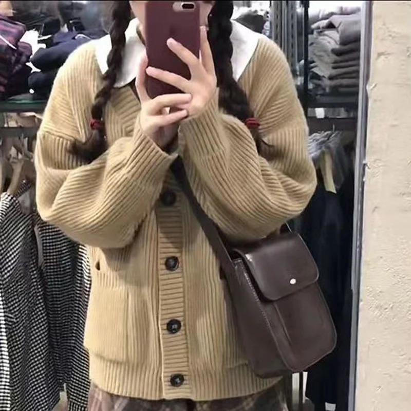 Rim Harajuku loose brown cardigan womens chic V Nekc single chest knitted cardigan womens autumn student sweater jacket 241031