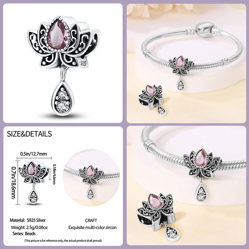 925 Sterling Silver Classic Purple Retro Heart Shape Lotus Angel Pattern Charms Beads Fit Pandora Original Bracelets DIY Jewelry