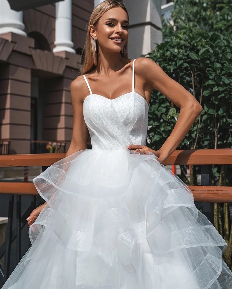 Wedding Elegant Dress Spaghetti Straps Sleeveless Ruffles Tiered Tulle Bridal Bride Gowns Vestido De Novias Mariage