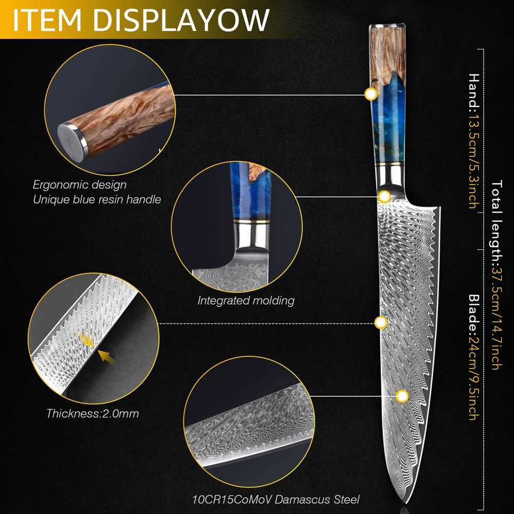 Damascus steel kitchen knife VG10 chefs side dish bread knife chefs sharp edge Japanese Santoku knife resin wooden handle set X241102