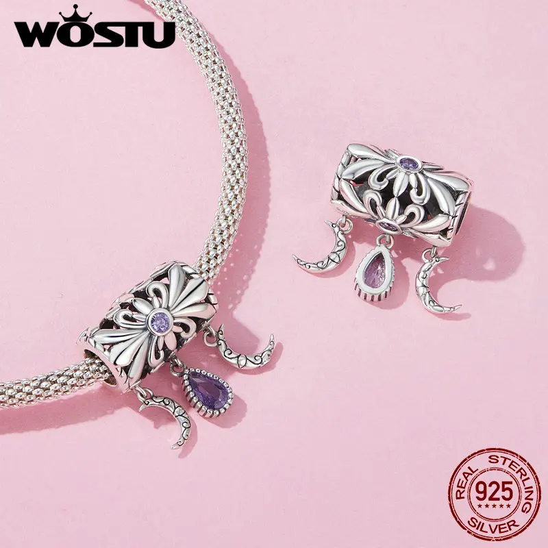 WOSTU 925 Sterling Silver Vintage Lucky Hand of Fatima Charms Blue CZ Cross Pendnat Evil Eye Bead Fit DIY Bracelet Necklace Gift