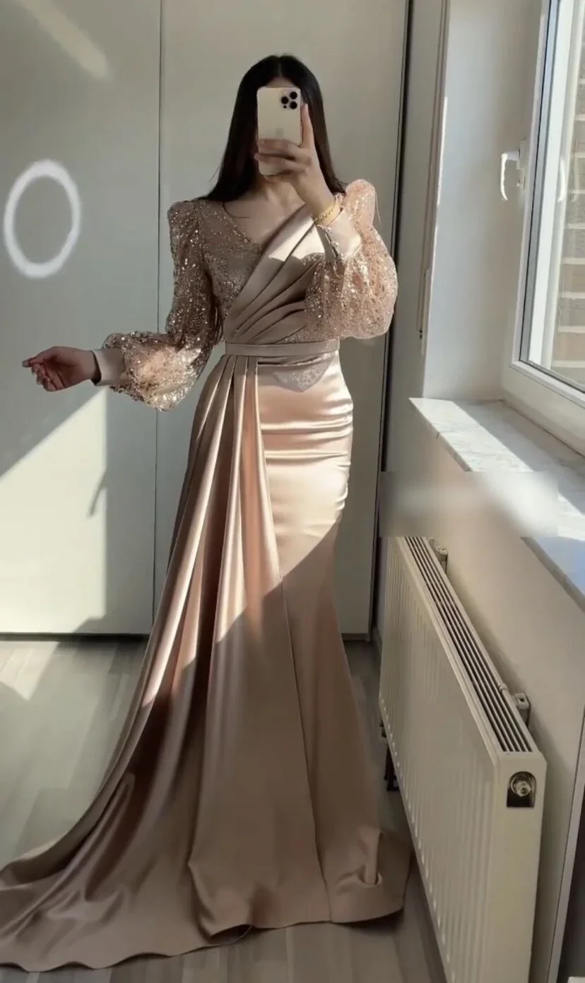 Champagne Sequin Mermaid Evening Dresses V-Neck Glitter Prom Dresses with Long Puffy Sleeves Satin Formal Wedding Party Gowns