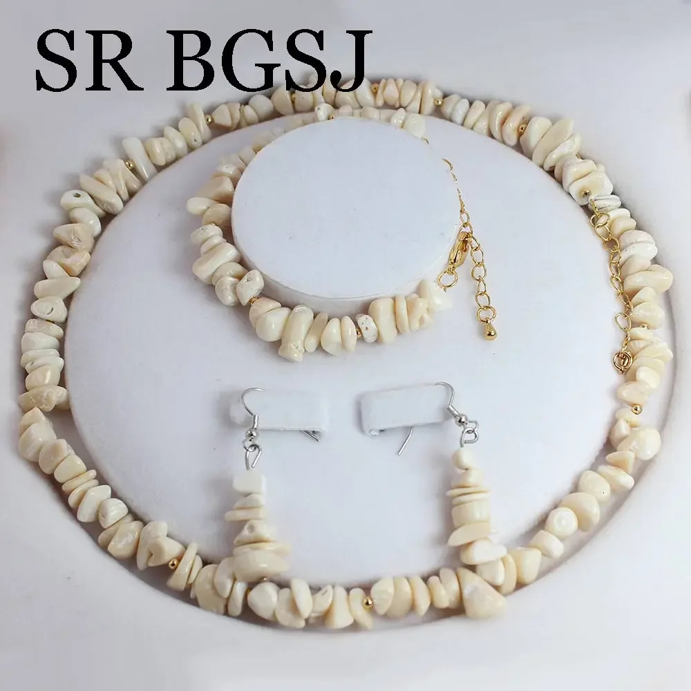 6-8mm white coral natural gemstone womens necklace bracelet earrings jewelry set 17.5 7-8 241031