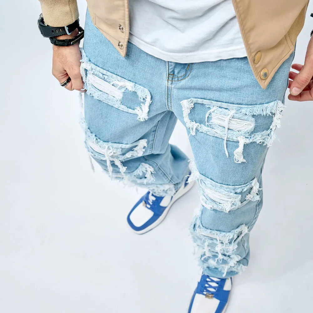 2023 Simple Stylish Men Ripped Patch Hip Hop Loose Jeans Pants Streetwear Male Straight Denim Trousers 240323
