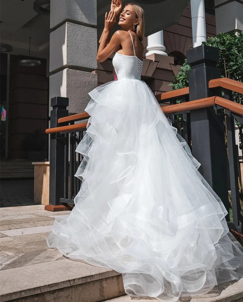 Wedding Elegant Dress Spaghetti Straps Sleeveless Ruffles Tiered Tulle Bridal Bride Gowns Vestido De Novias Mariage
