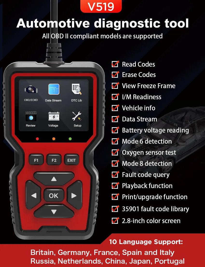 V519 Automotive Automatic Diagnostic Tool EML327 OBD II Automotive Fault Detector Onboard Code Reading Card