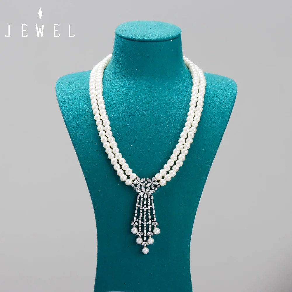 JEWEL Bridal Pearl Zircon Jewelry White Double Layer Suitable for Women Korean Temperature Short Neck Earring Necklace Set 241031