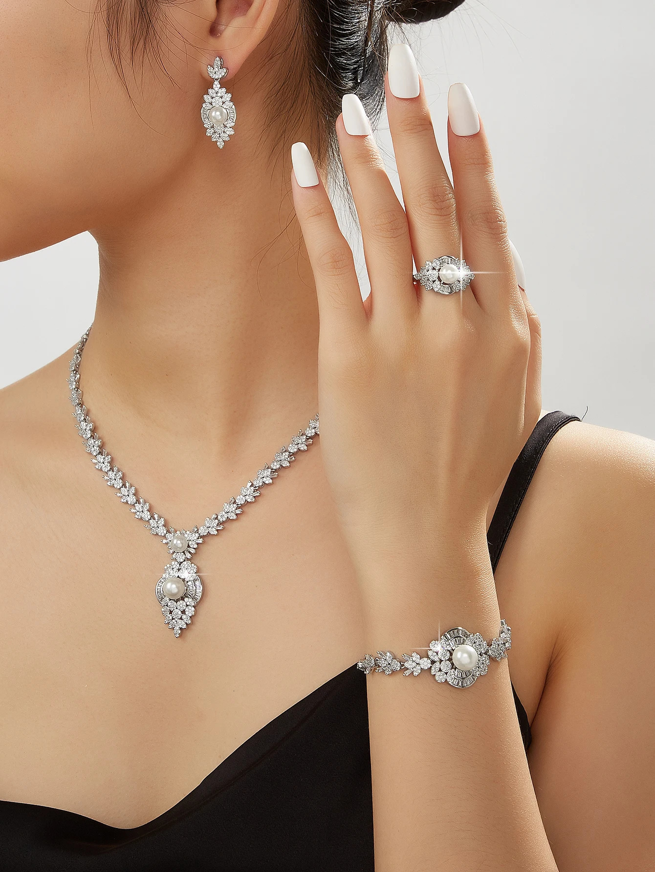 cubic zirconia pearl jewelry set suitable for Dubai women brides wedding dresses engagement and high-quality jewelry 241031