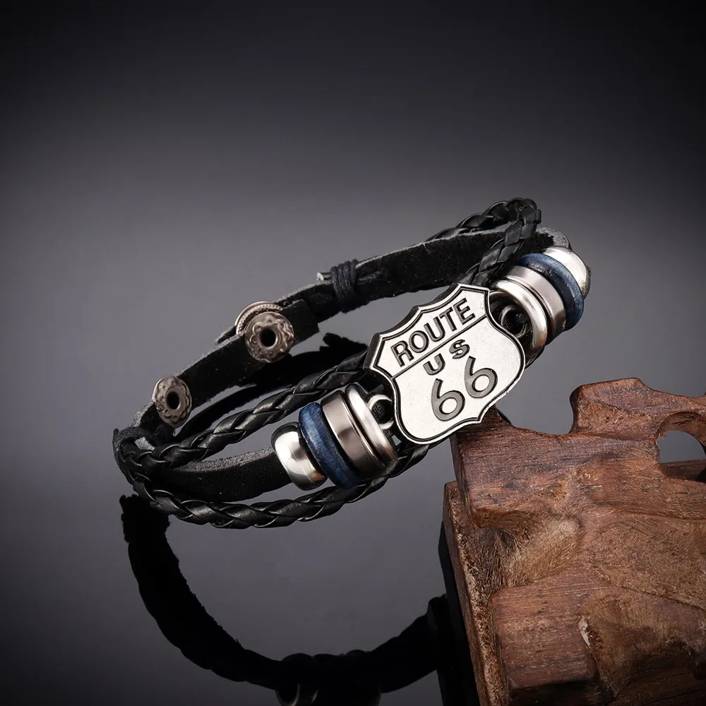 Vintage US Route 66 Printed Pattern Bracelet Men's Bracelet Metal Multilayer Leather Bracelet Accessories New Party Jewelry