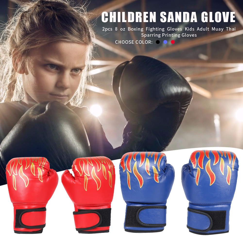 2Pcs Hot Sale Boxing Gloves Fighting Gloves High-Grade PU Leather Kids Muay Thai Sparring Kickboxing Flame for Children smile