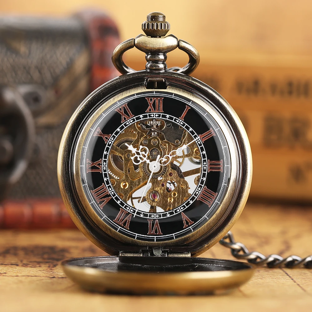 Retro Bronze Flower Pattern Design Mechanical Hand Winding Men's Pocket Watch with 30 cm Pocket Pendant Chain Antique Style Gift