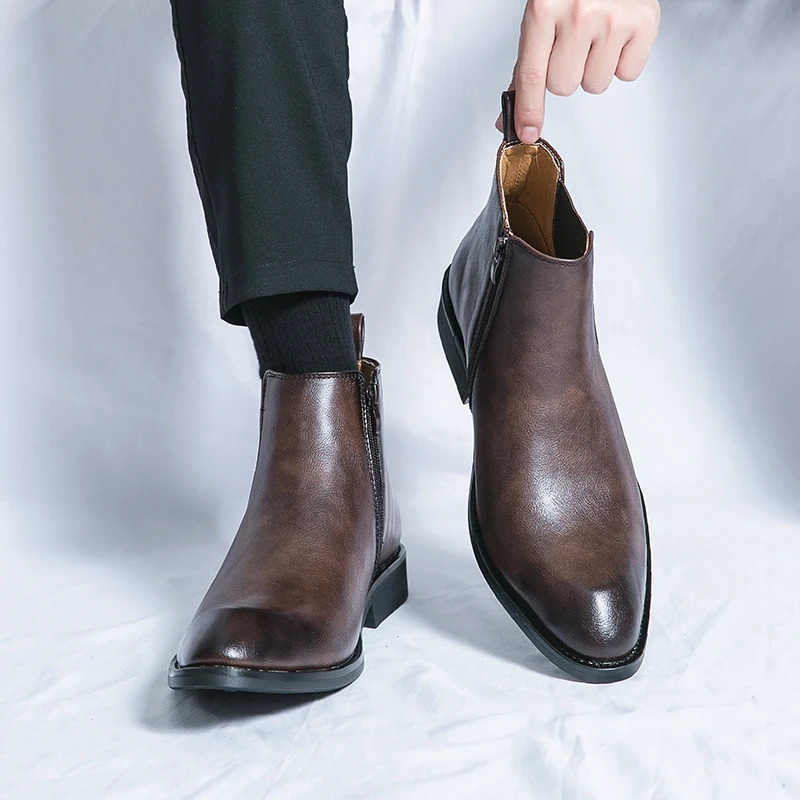 side zipper mens formal boots English high top leather ankle boots mens Chelsea boots casual dress shoes 241031