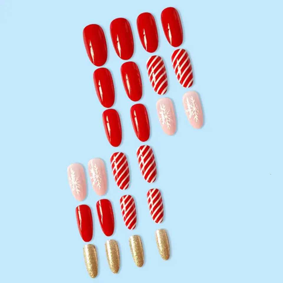 Golden glittering snowflake Christmas false nail a set of 24 glittering nail tips complete gel nail set for holiday decoration 241031
