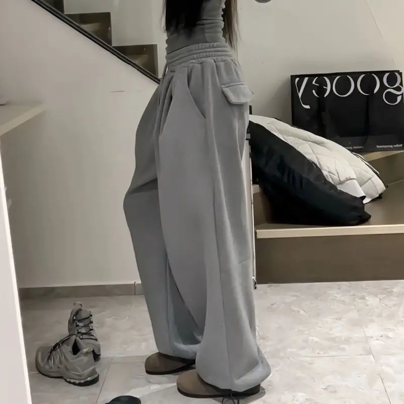 Deeptown Grey Fleece Sweatpants Women Oversize Warm Brushed Pants Y2k Vintage Korean Streetwear Joggers Trousers Harajuku Casual