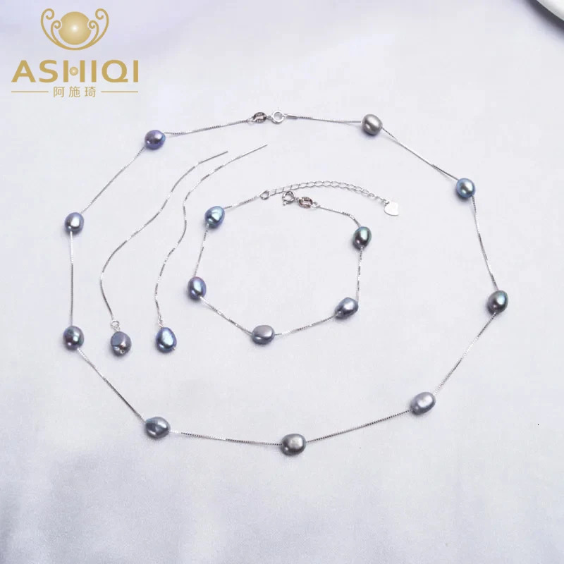 ASHIQI Natural Freshwater Pearl Jewelry Set 925 Pure Silver Necklace Bracelet 241031