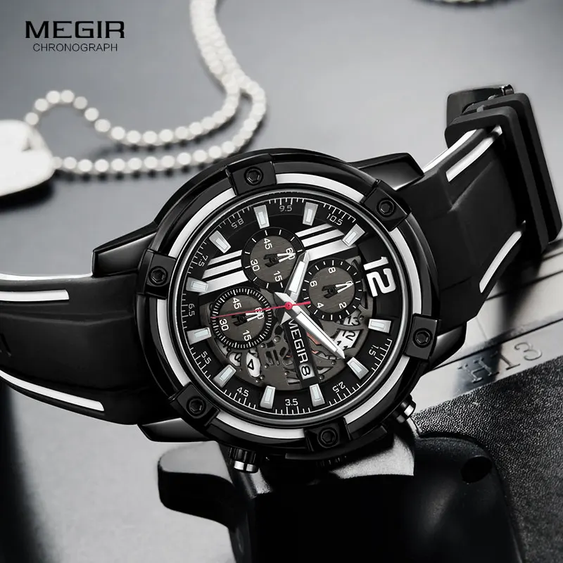 Megir Men's Sports Quartz Watches Army Military Chronograph Wristwatch for Man Luminous Relogios Masculino Clock 2097 Black Red
