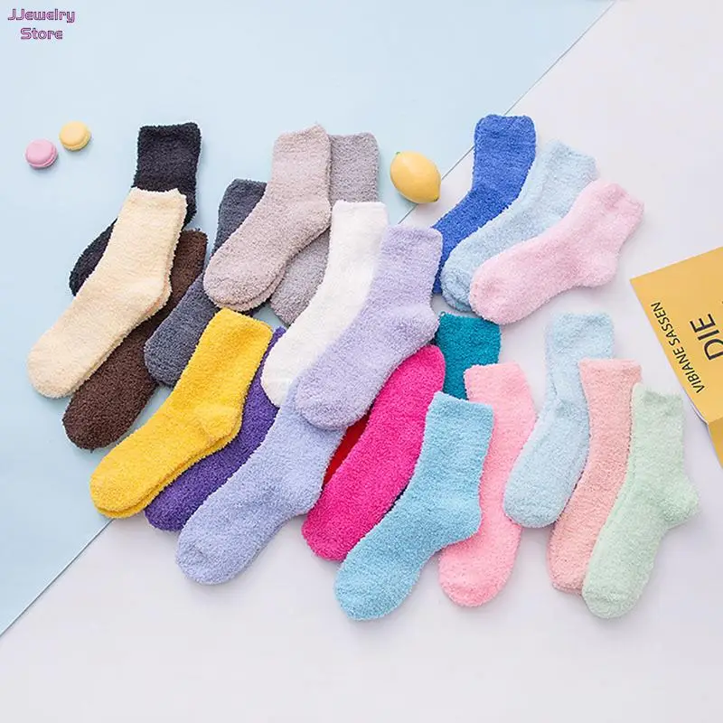Candy Color Warm Plush Socks Female Coral Fleece Floor Sleep Women s Girls Tube 5