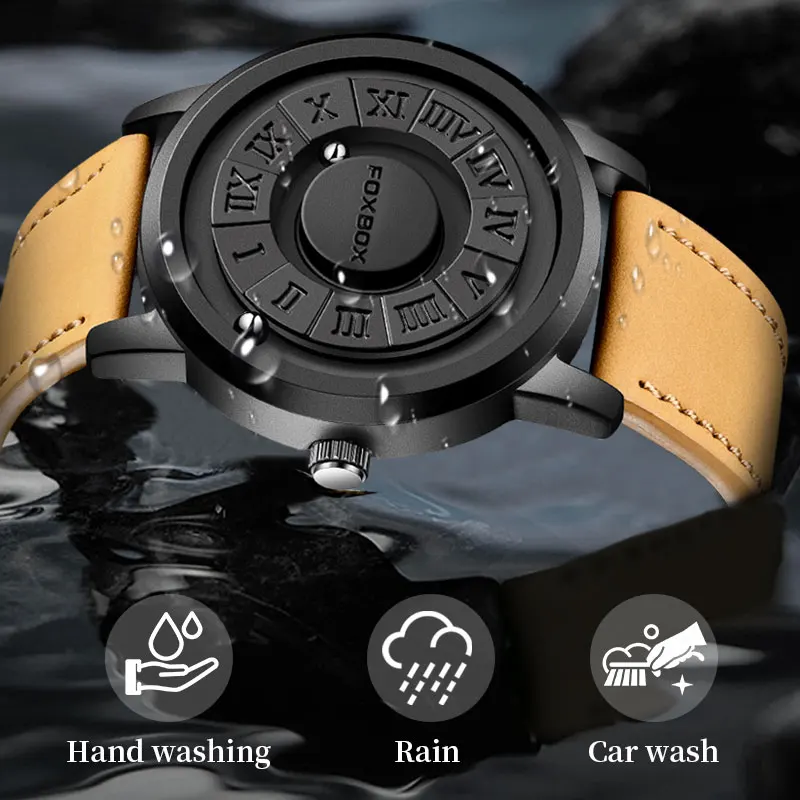 2024 New Men Watch FOXBOX Brand Creative Scrolling Beads Quartz Watches for Men Magnetic Force Leather strap Waterproof Clock