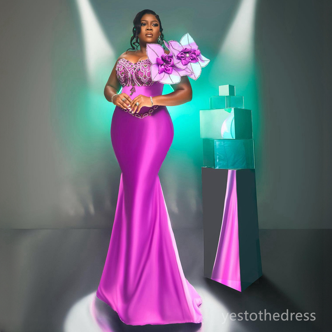 Fuchsia Plus Size Prom Promdress Birthday One Shoulder Hand Made Flowers Beaded Rhinestones Crystals Decorated Reception Engagement Dress AM Dress
