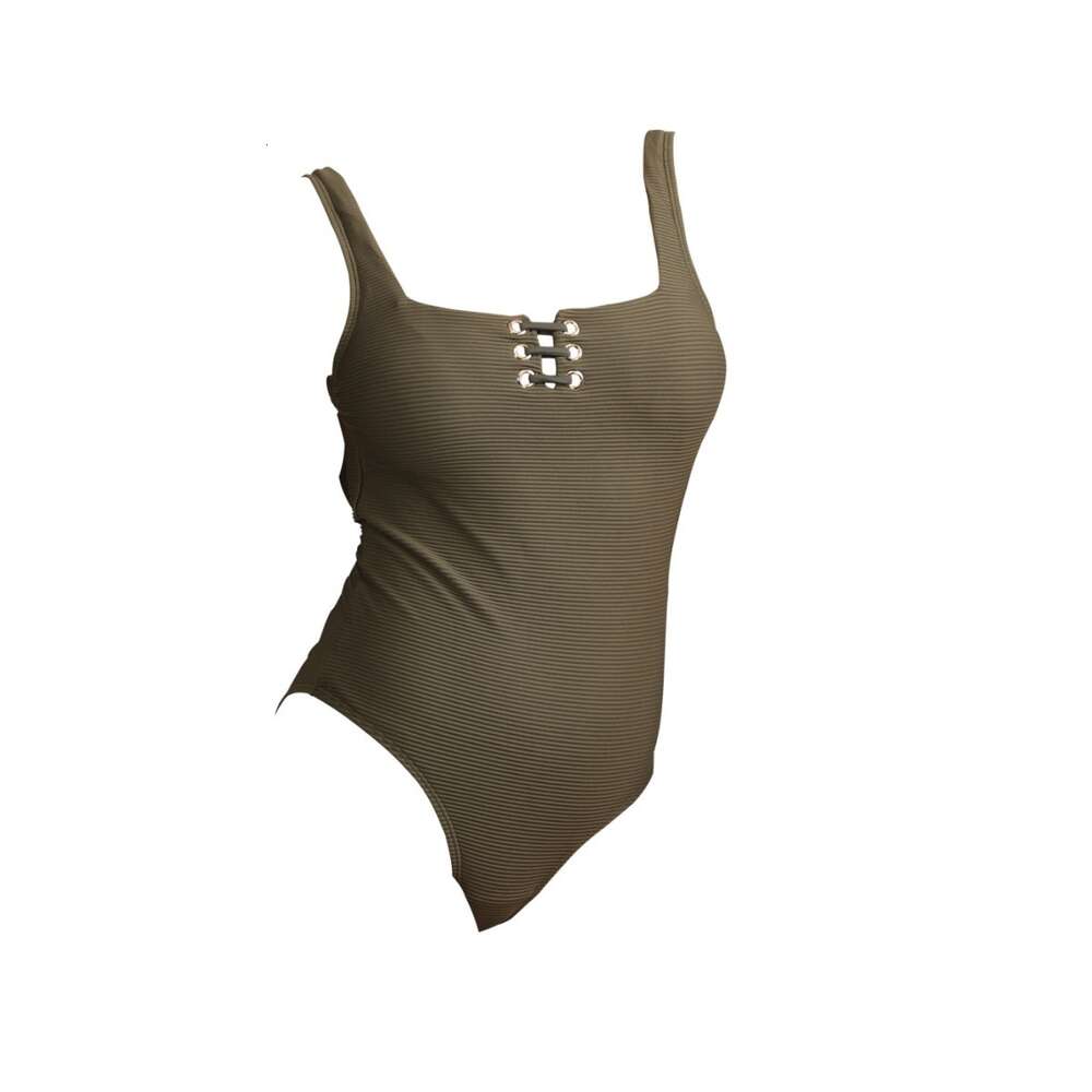 New Drainage Color Scheme for One Piece Swimsuit with Military Green Lining, Wide Shoulder Strap, and U-shaped Back dongdumaoyi