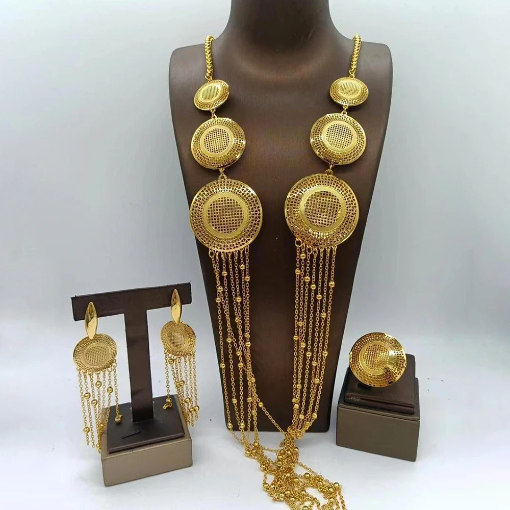 African Gold Color Jewelry Set for Ladies Bohemia Flower Design Long Chain Necklace and Earrings with Ring Set for Weddings Gift