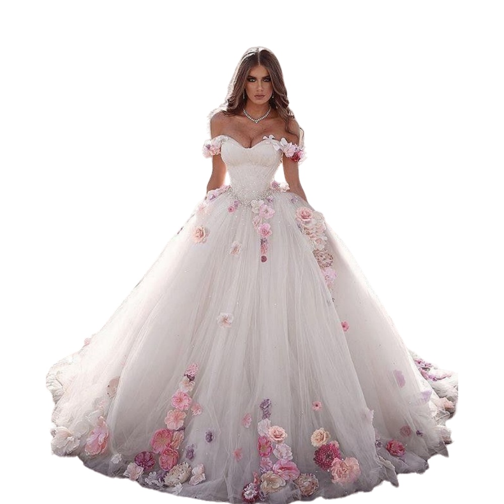 2024 Plus Size Ball Go Wedding Dresses Off Shoulder Lace Appliques 3D Ral Wers Crystal Beaded Sweep Train Arabic Formal Bridal Gowns 6660305